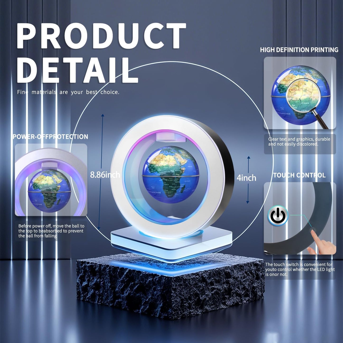 Floating Globe O Frame, Magnetic Levitating Technolog, Cool Gadgets for Men, 4In Globe for Education Office Home Desk Decor, Cool Tech Gift for Holiday Parties Birthday