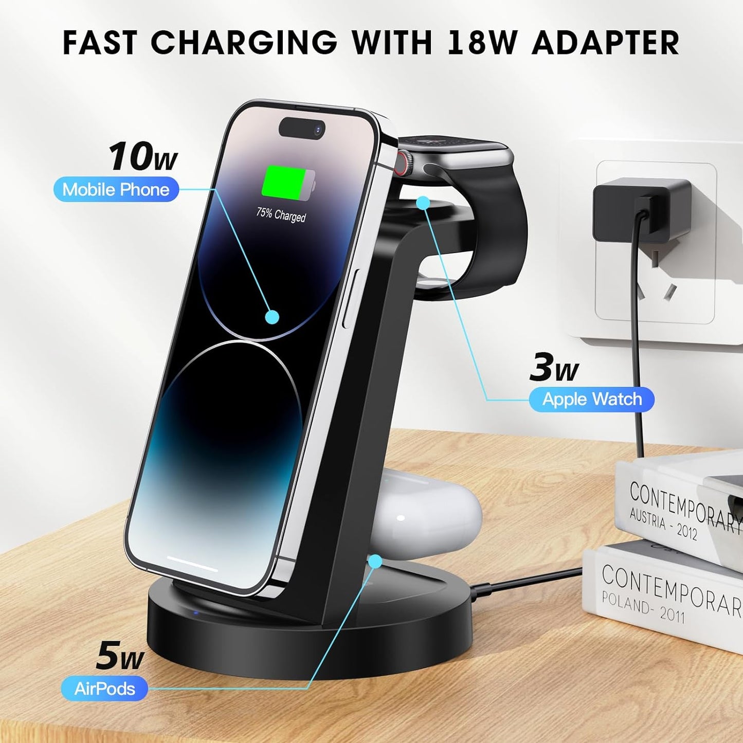 3-in-1 Wireless Charging Station for iPhone 16E, 16, 15, 14, 13, 12, 11, X Pro Max, Apple Watch, and AirPods 4, 3, Pro
