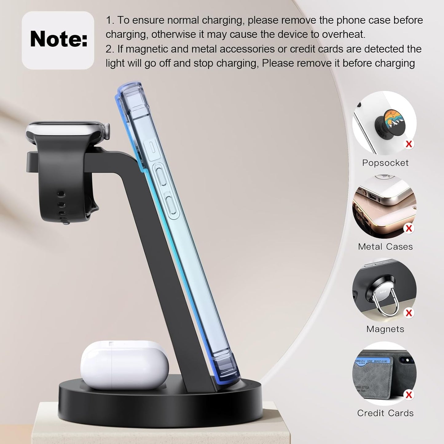 3-in-1 Wireless Charging Station for iPhone 16E, 16, 15, 14, 13, 12, 11, X Pro Max, Apple Watch, and AirPods 4, 3, Pro