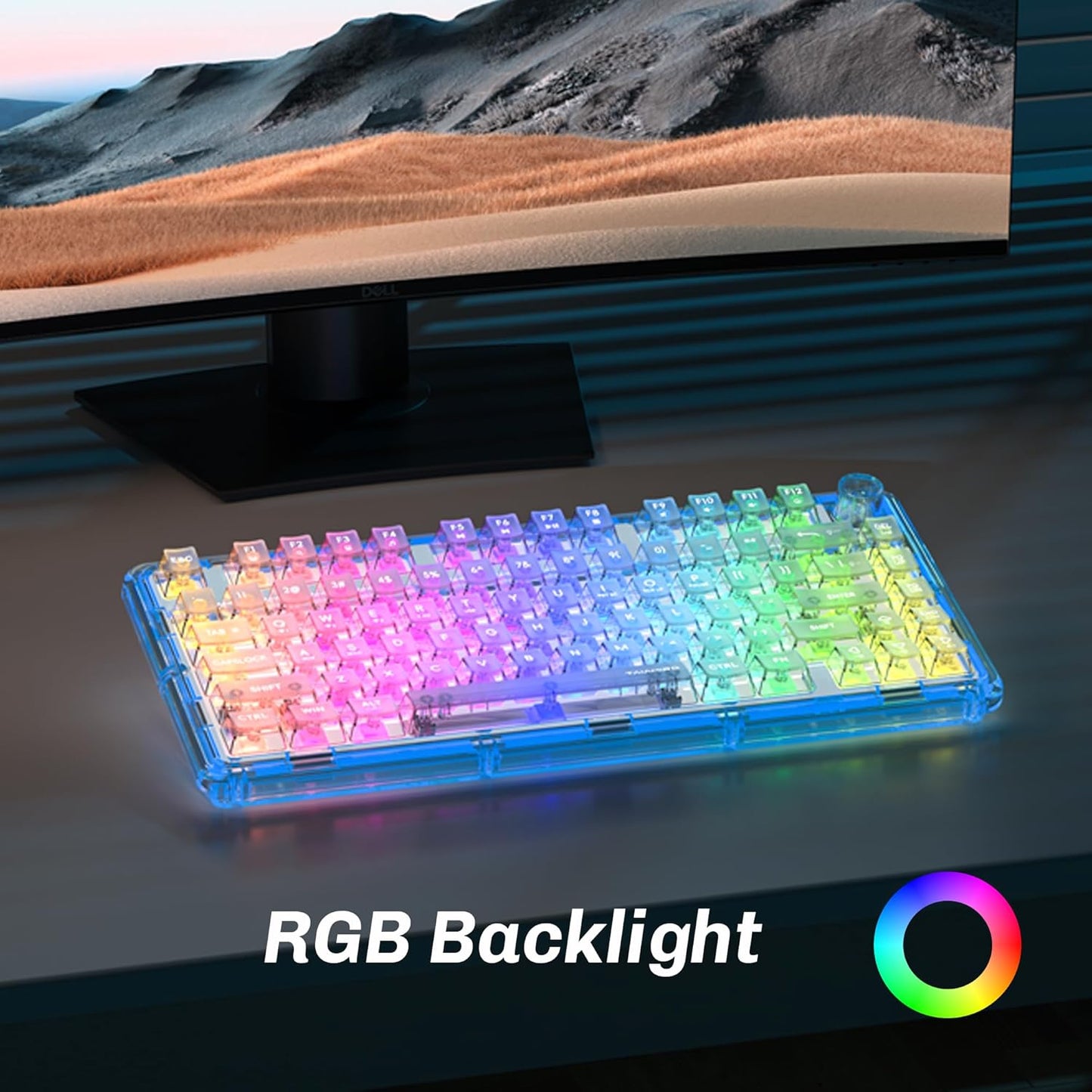 Transparent Mechanical Gaming Keyboard with RGB Backlighting, Wireless Connectivity, Customizable Acrylic Design, 80-Key Quiet Linear Switches, Multi-Mode Bluetooth 5.0/2.4G/USB-C, 4000mAh Battery, Blue
