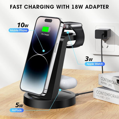 3-in-1 Wireless Charging Station for iPhone 16E, 16, 15, 14, 13, 12, 11, X Pro Max, Apple Watch, and AirPods 4, 3, Pro