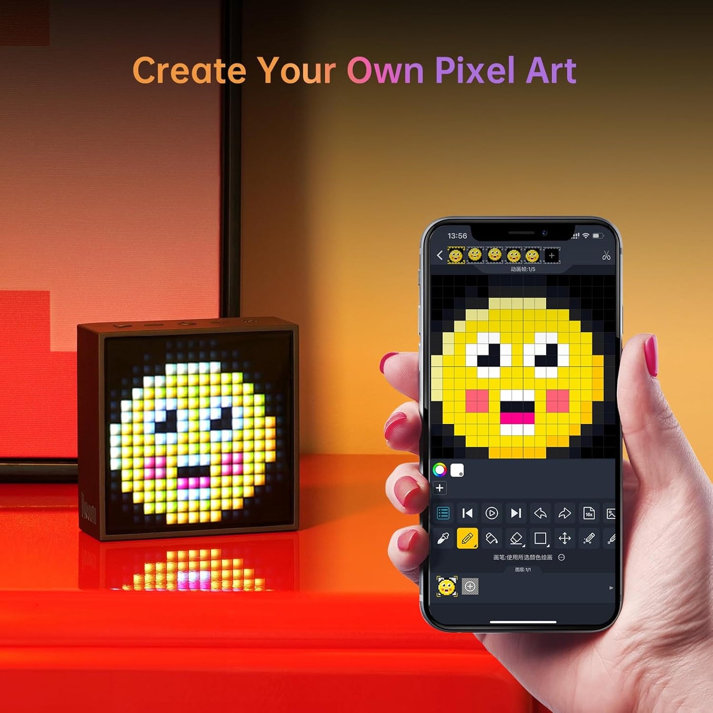 Timebox Evo -- Pixel Art Bluetooth Speaker with 16X16 LED Display APP Control - Cool Animation Frame & Gaming Room Setup & Bedside Alarm Clock- Black
