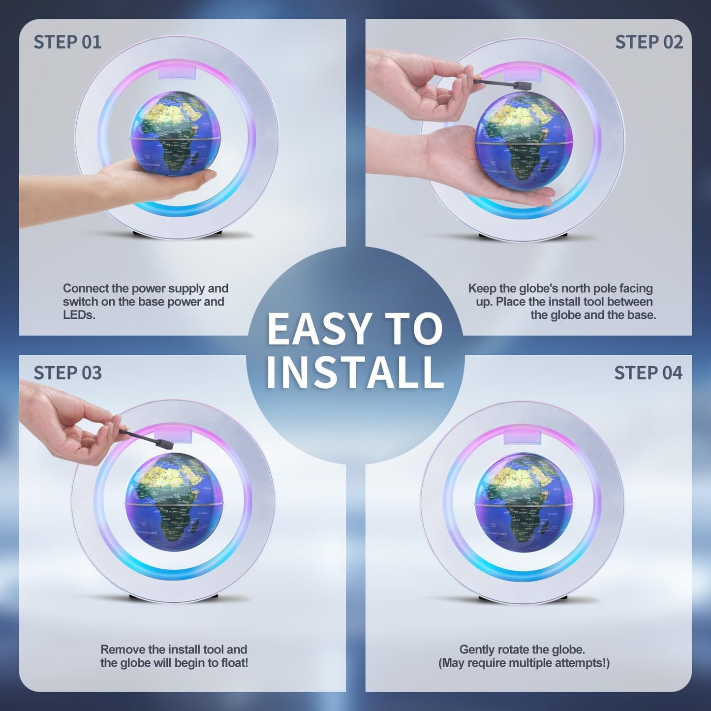 Floating Globe O Frame, Magnetic Levitating Technolog, Cool Gadgets for Men, 4In Globe for Education Office Home Desk Decor, Cool Tech Gift for Holiday Parties Birthday