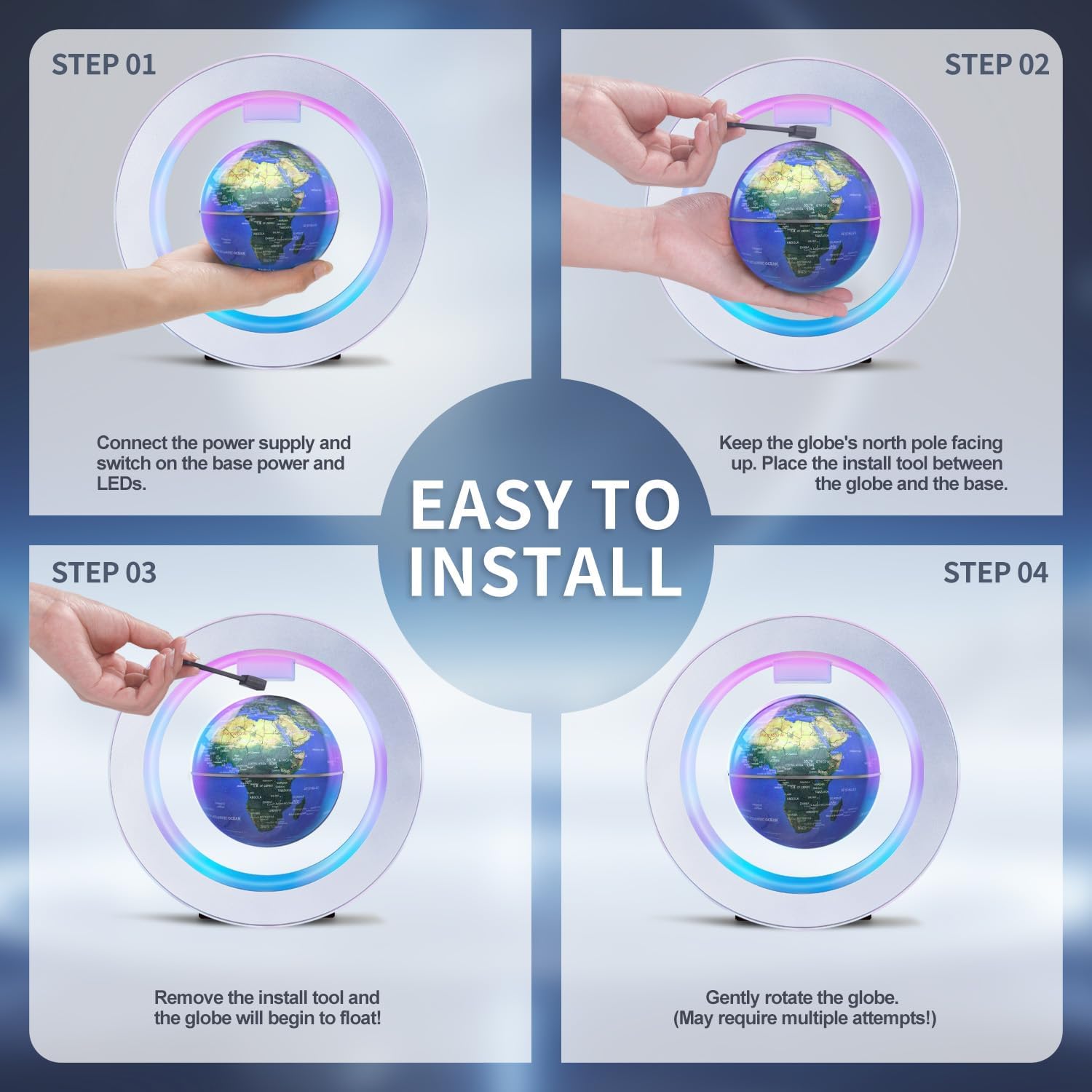 Floating Globe O Frame, Magnetic Levitating Technolog, Cool Gadgets for Men, 4In Globe for Education Office Home Desk Decor, Cool Tech Gift for Holiday Parties Birthday