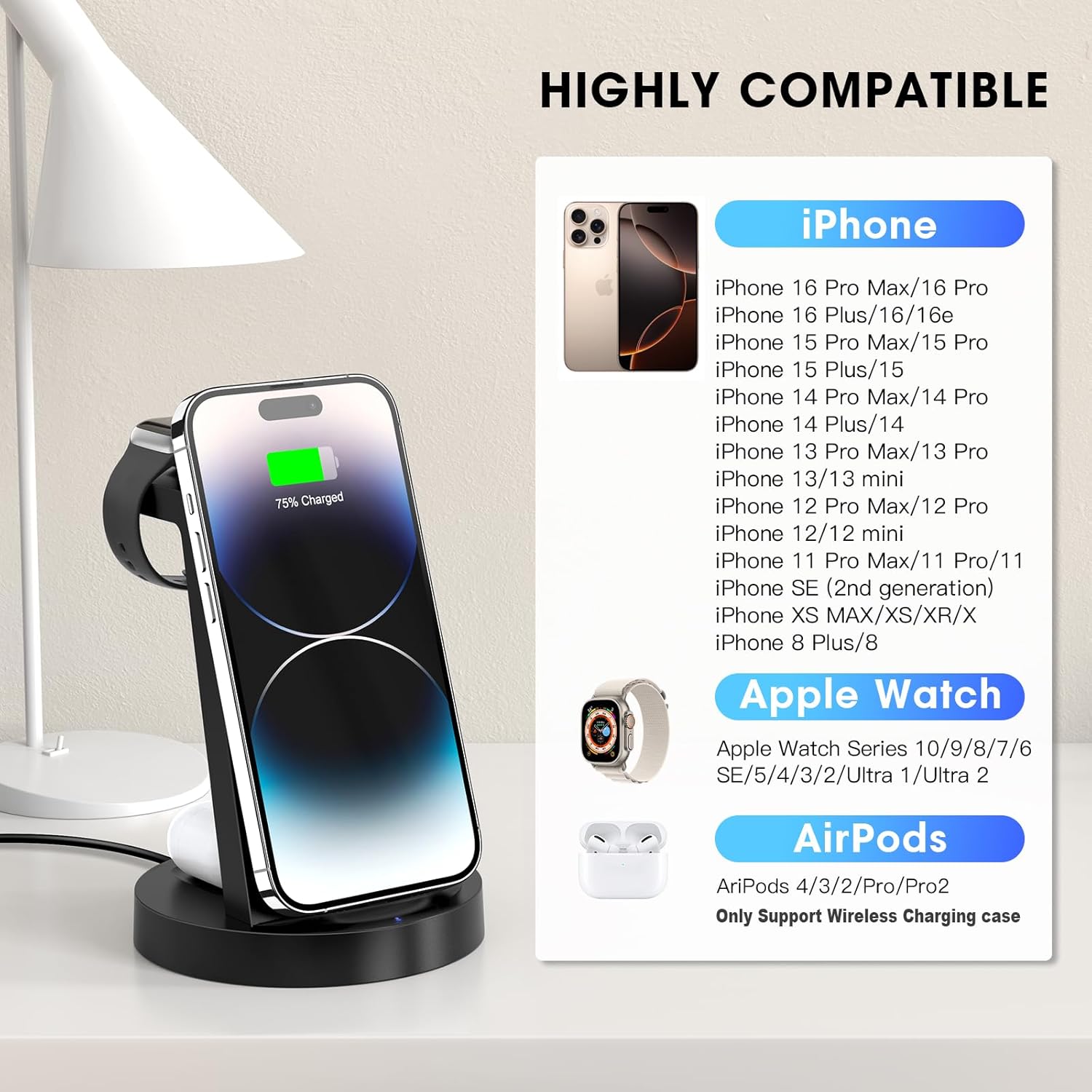 3-in-1 Wireless Charging Station for iPhone 16E, 16, 15, 14, 13, 12, 11, X Pro Max, Apple Watch, and AirPods 4, 3, Pro