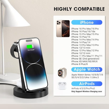 3-in-1 Wireless Charging Station for iPhone 16E, 16, 15, 14, 13, 12, 11, X Pro Max, Apple Watch, and AirPods 4, 3, Pro