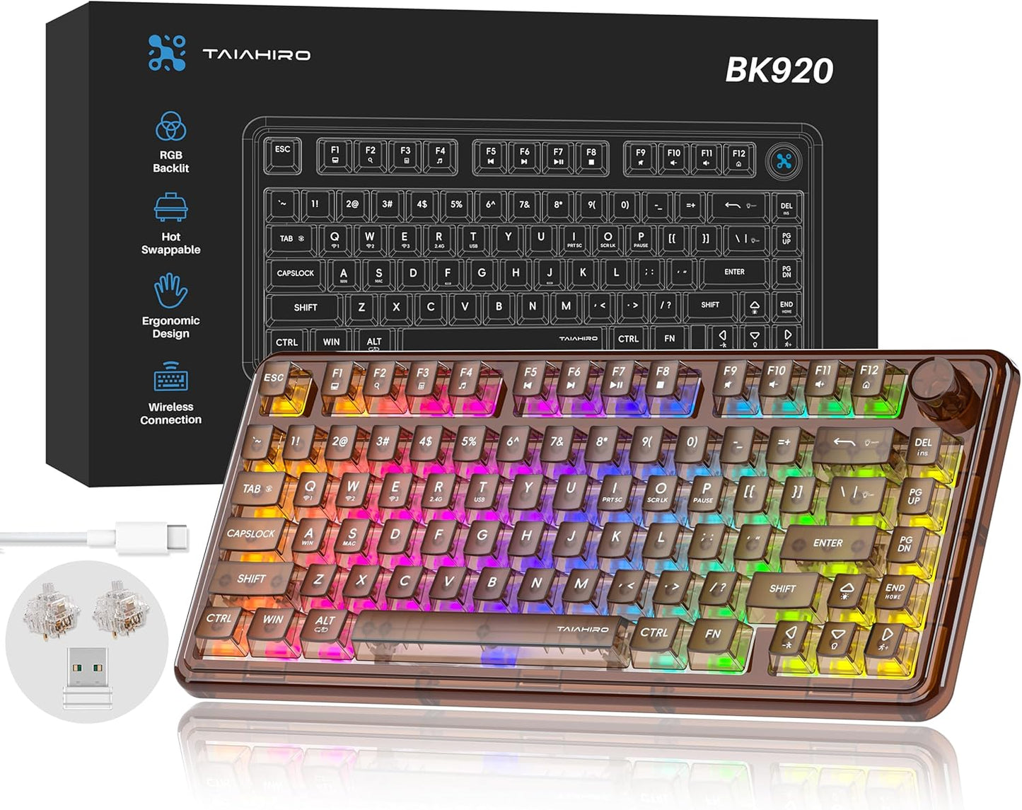 Transparent Mechanical Gaming Keyboard with RGB Backlighting, Wireless Connectivity, Customizable Acrylic Design, 80-Key Quiet Linear Switches, Multi-Mode Bluetooth 5.0/2.4G/USB-C, 4000mAh Battery, Blue