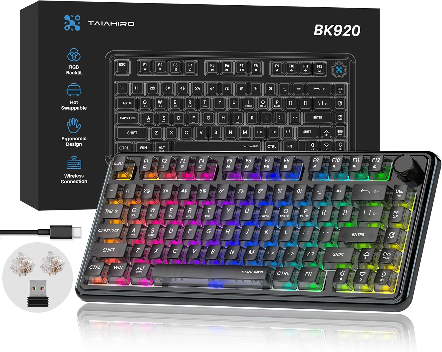 Transparent Mechanical Gaming Keyboard with RGB Backlighting, Wireless Connectivity, Customizable Acrylic Design, 80-Key Quiet Linear Switches, Multi-Mode Bluetooth 5.0/2.4G/USB-C, 4000mAh Battery, Blue