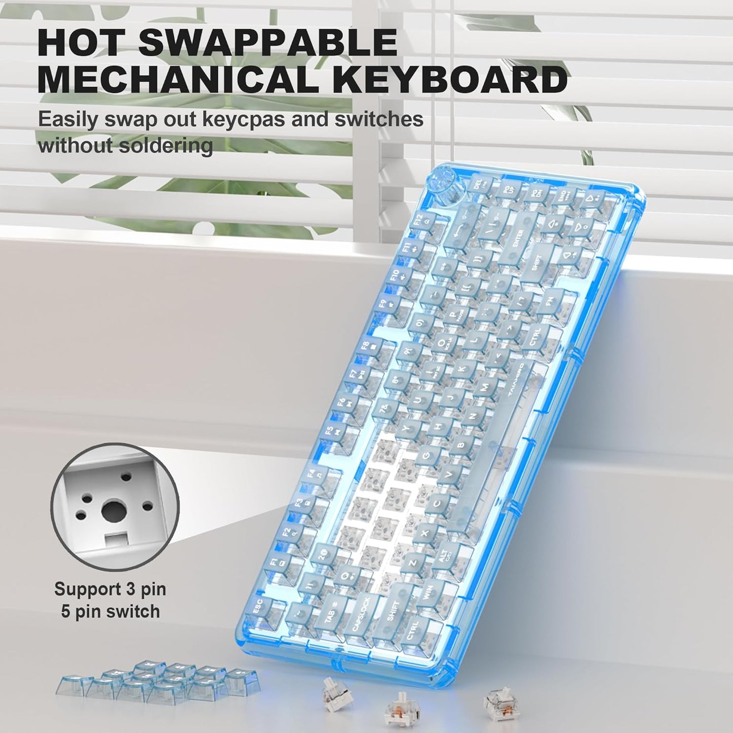 Transparent Mechanical Gaming Keyboard with RGB Backlighting, Wireless Connectivity, Customizable Acrylic Design, 80-Key Quiet Linear Switches, Multi-Mode Bluetooth 5.0/2.4G/USB-C, 4000mAh Battery, Blue