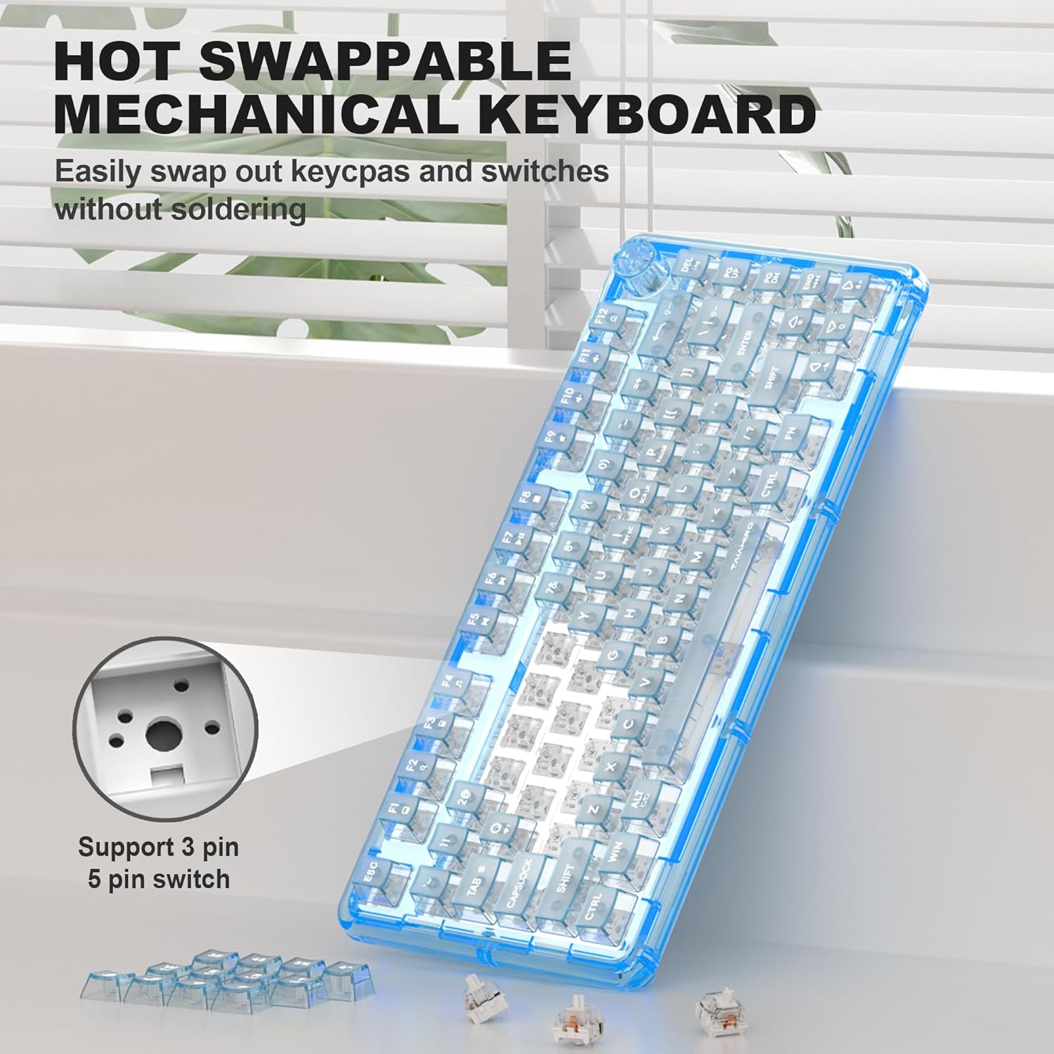 Transparent Mechanical Gaming Keyboard with RGB Backlighting, Wireless Connectivity, Customizable Acrylic Design, 80-Key Quiet Linear Switches, Multi-Mode Bluetooth 5.0/2.4G/USB-C, 4000mAh Battery, Blue