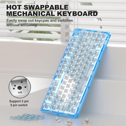 Transparent Mechanical Gaming Keyboard with RGB Backlighting, Wireless Connectivity, Customizable Acrylic Design, 80-Key Quiet Linear Switches, Multi-Mode Bluetooth 5.0/2.4G/USB-C, 4000mAh Battery, Blue