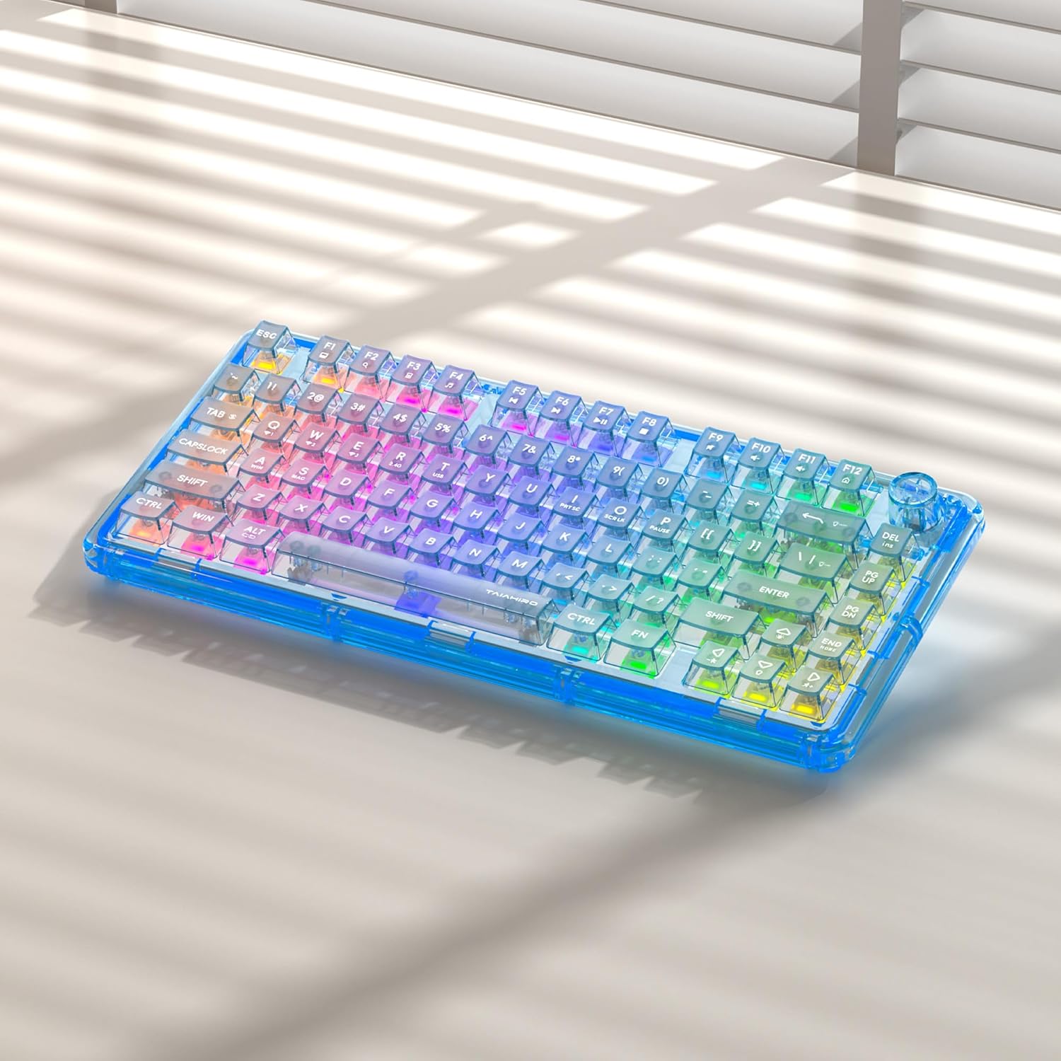 Transparent Mechanical Gaming Keyboard with RGB Backlighting, Wireless Connectivity, Customizable Acrylic Design, 80-Key Quiet Linear Switches, Multi-Mode Bluetooth 5.0/2.4G/USB-C, 4000mAh Battery, Blue