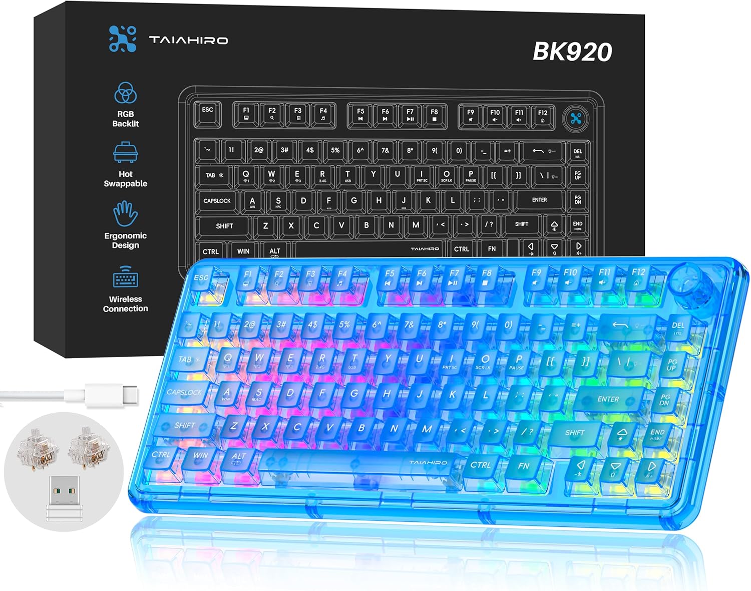 Transparent Mechanical Gaming Keyboard with RGB Backlighting, Wireless Connectivity, Customizable Acrylic Design, 80-Key Quiet Linear Switches, Multi-Mode Bluetooth 5.0/2.4G/USB-C, 4000mAh Battery, Blue