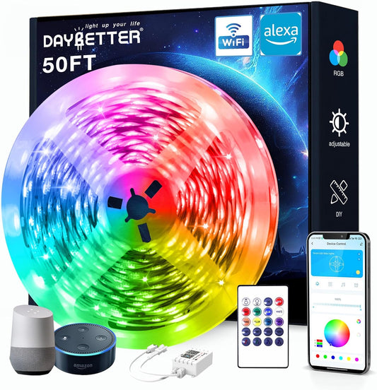 Smart Wifi Led Lights, 50 FT RGB Led Strip Lights Compatible with Alexa and Google Assistant, App Voice Remote Control Music Sync Color Changingled Strip Lighting for Bedroom Room Decor