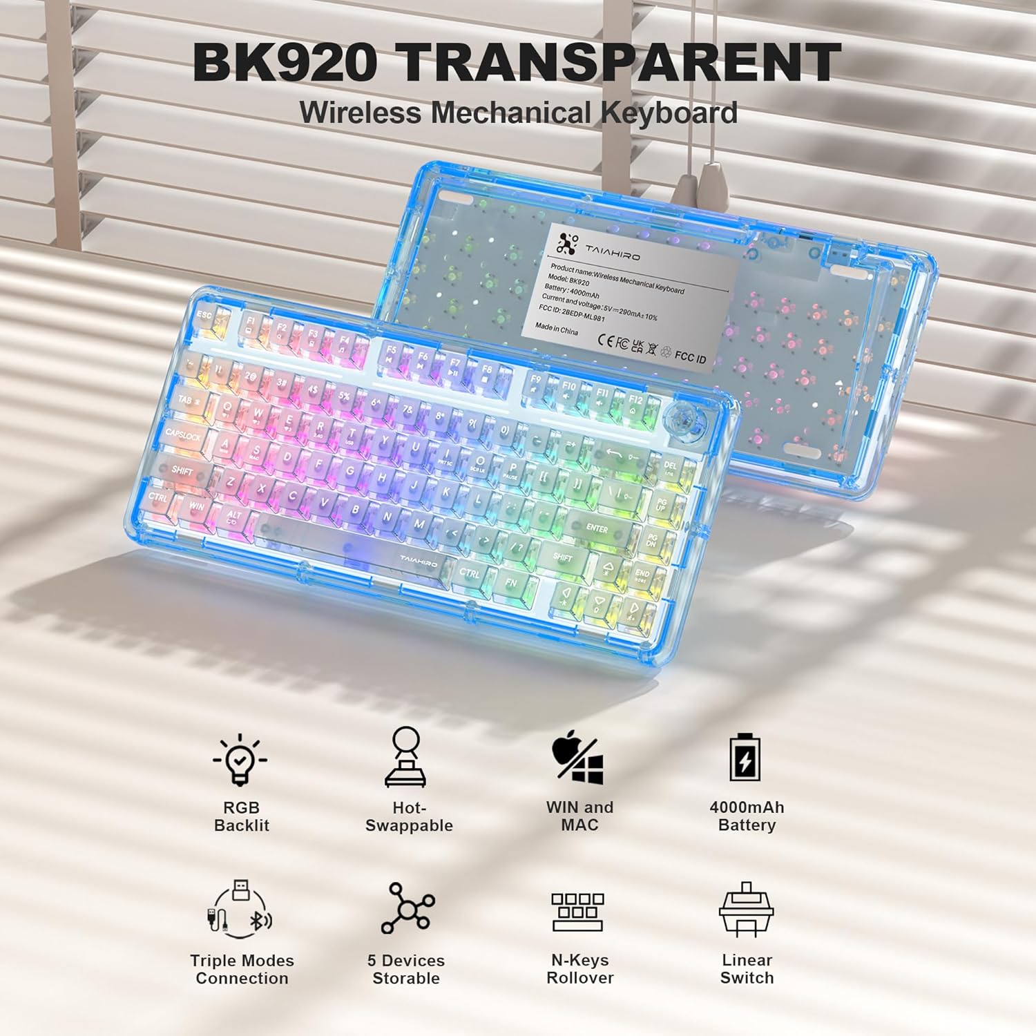 Transparent Mechanical Gaming Keyboard with RGB Backlighting, Wireless Connectivity, Customizable Acrylic Design, 80-Key Quiet Linear Switches, Multi-Mode Bluetooth 5.0/2.4G/USB-C, 4000mAh Battery, Blue