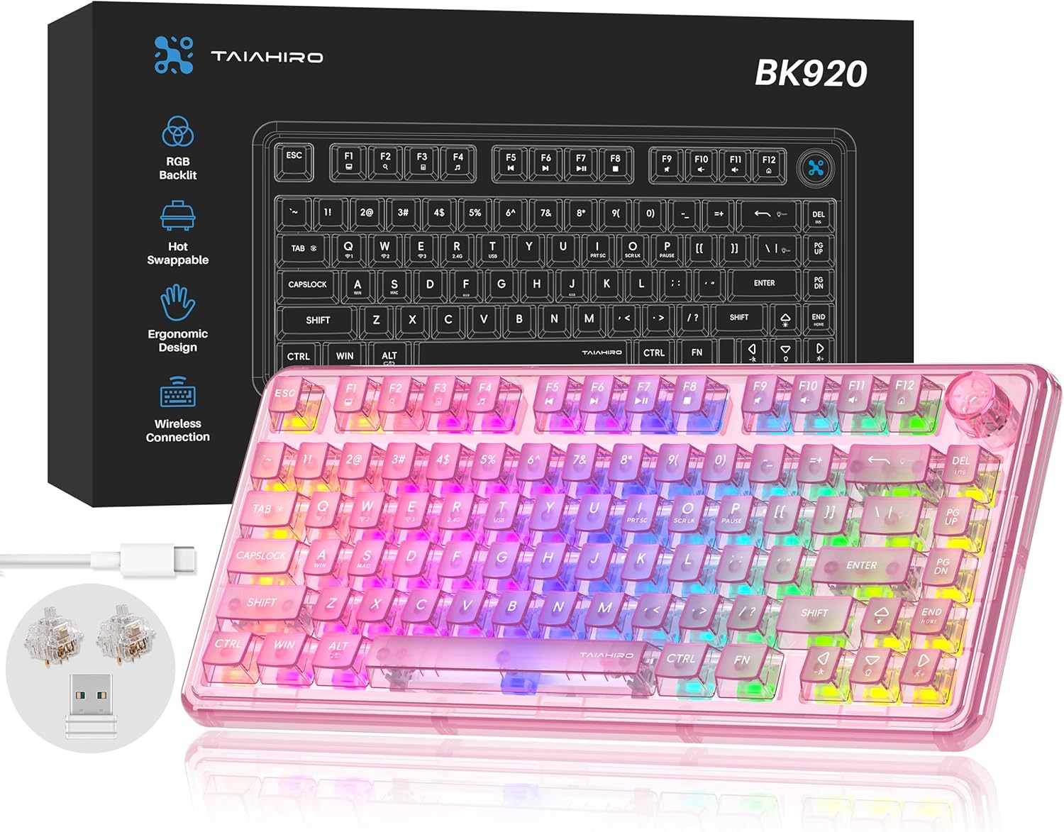Transparent Mechanical Gaming Keyboard with RGB Backlighting, Wireless Connectivity, Customizable Acrylic Design, 80-Key Quiet Linear Switches, Multi-Mode Bluetooth 5.0/2.4G/USB-C, 4000mAh Battery, Blue