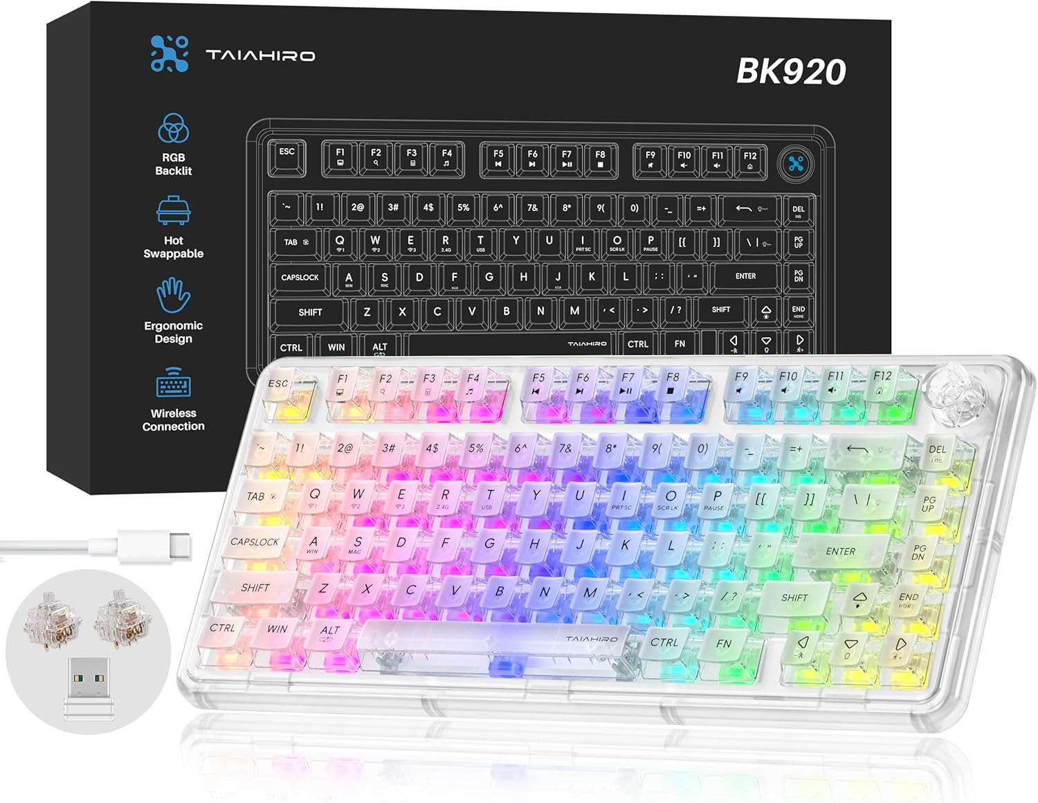 Transparent Mechanical Gaming Keyboard with RGB Backlighting, Wireless Connectivity, Customizable Acrylic Design, 80-Key Quiet Linear Switches, Multi-Mode Bluetooth 5.0/2.4G/USB-C, 4000mAh Battery, Blue