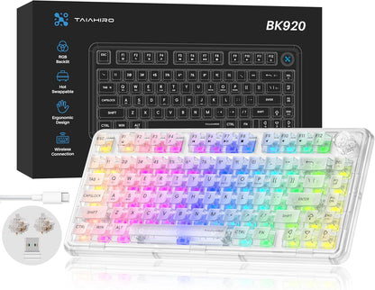 Transparent Mechanical Gaming Keyboard with RGB Backlighting, Wireless Connectivity, Customizable Acrylic Design, 80-Key Quiet Linear Switches, Multi-Mode Bluetooth 5.0/2.4G/USB-C, 4000mAh Battery, Blue