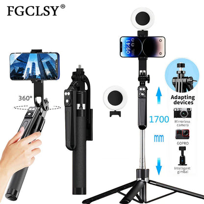 1.7M Selfie Stick Tripod with Light Wireless Remote Control 360 ° Rotation for Smartphone Video Recording Live Streaming