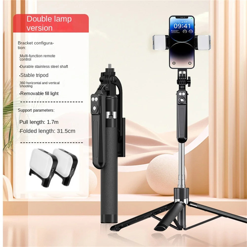 1.7M Selfie Stick Tripod with Light Wireless Remote Control 360 ° Rotation for Smartphone Video Recording Live Streaming